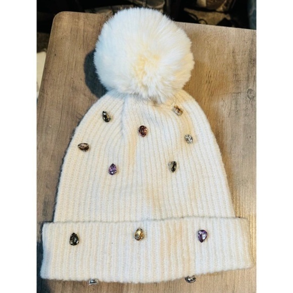 INC International Concepts Jeweled Pom Pom Beanie Ivory Ribbed Knit Hat OS